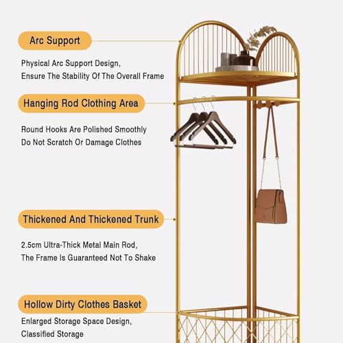 Gold Corner Coat Rack with Storage Basket and 6 Hooks for Entryway