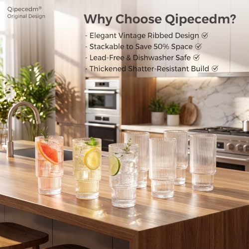 Qipecedm 6 Pack Vintage Ribbed Highball Glasses 16 oz - Elegant Drinking Glassware