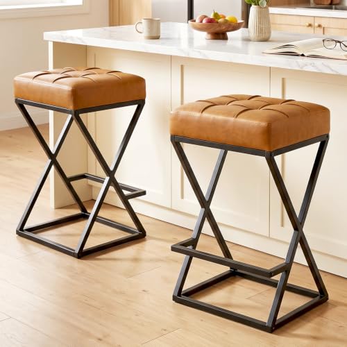 VATROS Walnut Counter Height Bar Stools Set of 2 - Faux Leather, 26 Inch, Backless