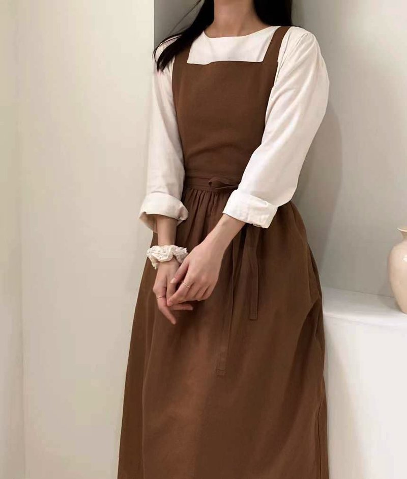 Caatoor Cute Retro Cotton Linen X-Back Aprons Home Kitchen Garden Art Painting Pinafore Florist Shop Overalls (Dark Brown, 42" L)