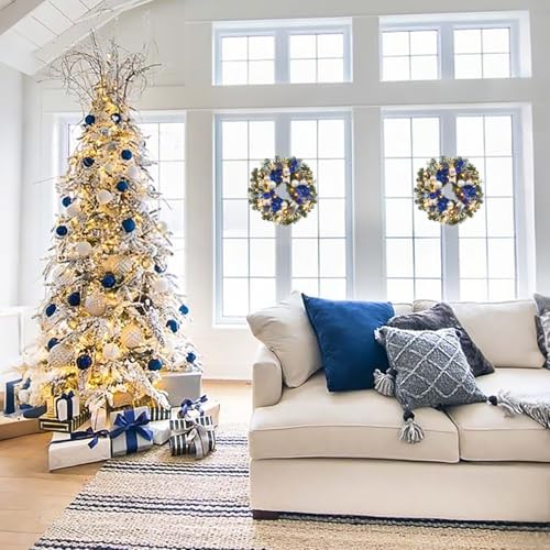 22-Inch Pre-Lit Christmas Wreath with Timer, Blue and Silver Magnolia Decor