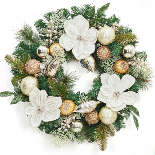 Garvee 24in White Gold Pre-Lit Christmas Wreath - 20 LED Lights, Battery Timer, Magnolia Flowers