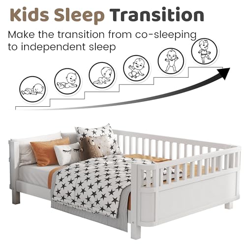 Full Size Montessori Bed Frame with Detachable Rails, Solid Wood Low Profile