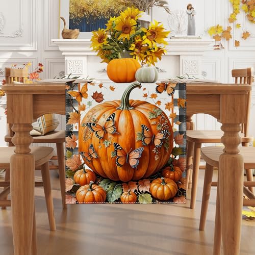Jiudungs Fall Table Runner 13x72 Inches Autumn Thanksgiving Home Decor - Black, White, Orange