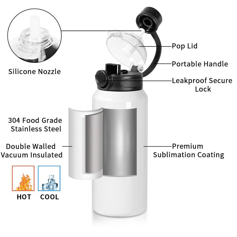 PYD Life 4 Pack Sublimation Sports Water Bottle Blanks 32 OZ 960 ML White Tumblers Cups Vacuum Flask Jug with Straw Spout Pop Lid and Silicone Handle for Sublimation Printing