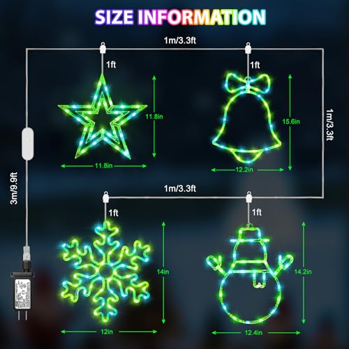 MOZUGUTAO 4 Pack Smart RGB Christmas Window Lights with App & Remote, Music Sync & Timer — Indoor & Outdoor Holiday Decor