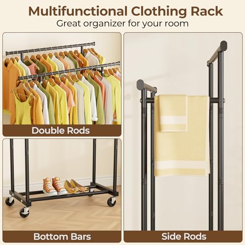 Double Rod Rolling Clothing Rack with Wheels and Bottom Shelf
