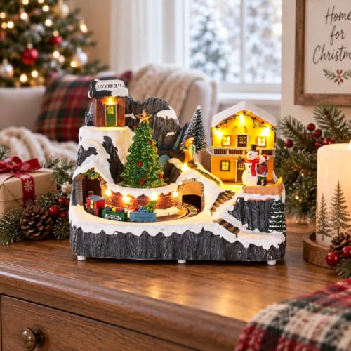 MEETYAMOR Lighted Christmas Village Set with Moving Train & Trees - Indoor Holiday Decor