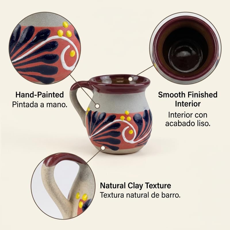 FFX Artesania Mexican Coffee Mugs Set of 4 - 13 oz Hand Painted Clay Tazas de Barro