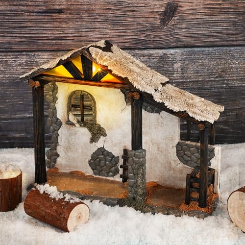 Fovths 12 Inch Lighted Nativity Stable Manger Resin Christmas Decor