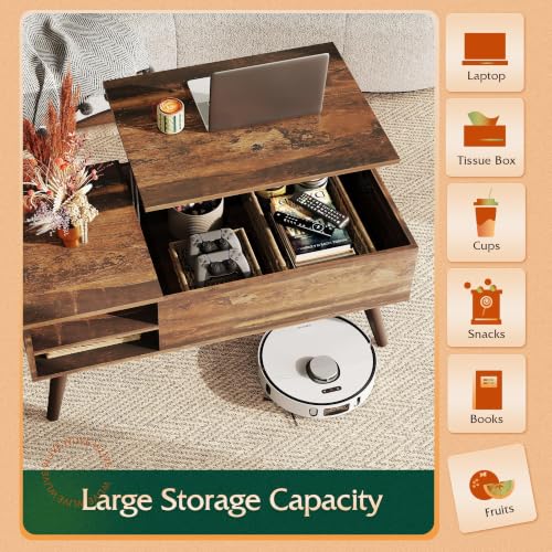 Lift Top Coffee Table with Hidden Storage and Adjustable Shelf, Brown