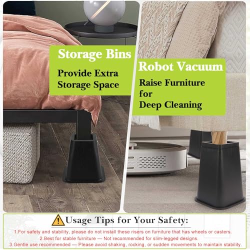 Heavy Duty 6 Inch Furniture Risers - 4 Pack Non-Slip Bed Lifts, Black