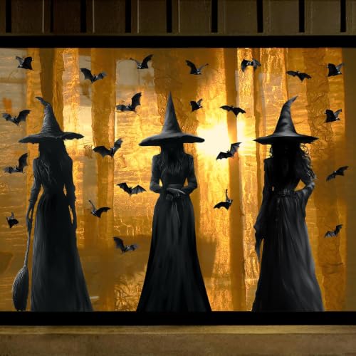 Halloween Window Clings - 3pcs Dark Witch & Bat Decor