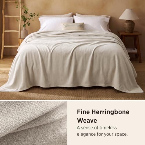 Bedsure 100% Cotton Queen Blanket - Lightweight Breathable Herringbone Woven Bed Blanket, Linen Beige