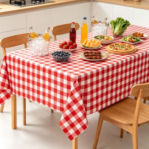 Red Checkered Plastic Tablecloth 54 x 108 Inches - 2 Pack Disposable Gingham for Parties