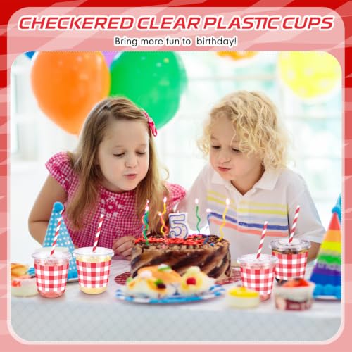 Checkered Red Race Car Party Cups Set with Lids & Straws - 100 Pieces