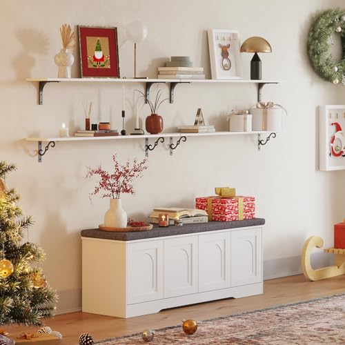 47-inch Shoe Storage Bench with Cushion and Door, White Entryway Cabinet