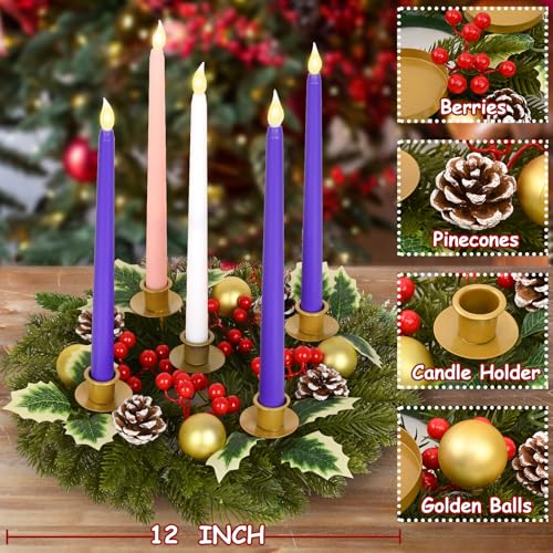 Waipfaru Green Christmas Advent Wreath Set with Flameless Candles, 12 Inch Holiday Centerpiece