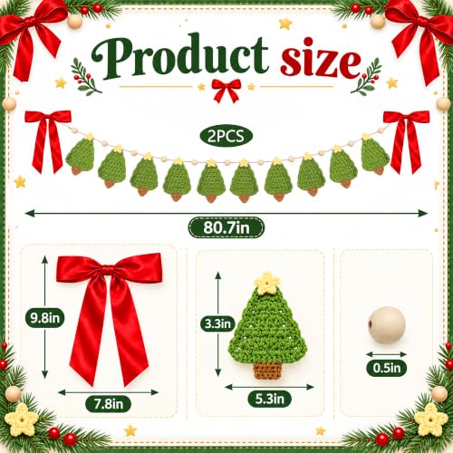 2 Pcs 6.7ft Crochet Christmas Tree Garland - Rustic Wood Bead Banner, LFUTARI