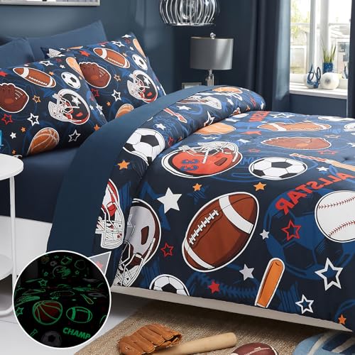 Glow in the Dark Sports Ball Twin Comforter Set - 5-Piece Boys Bed in a Bag