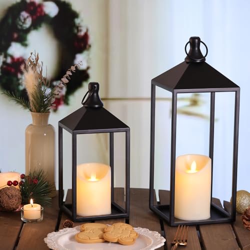 Black Decorative Metal Lanterns Set with Candles - 15" & 11"