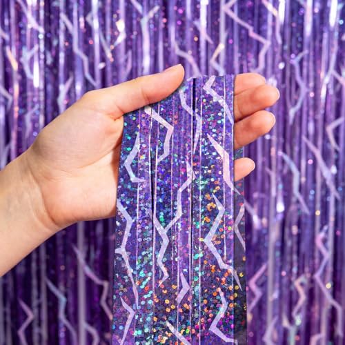 2 Pack Purple Holographic Foil Fringe Curtains - 3.3 x 6.6 ft Party Backdrop