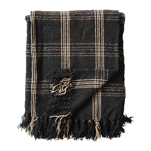 Plaid Black & Tan Fringed Woven Cotton Blend Throw
