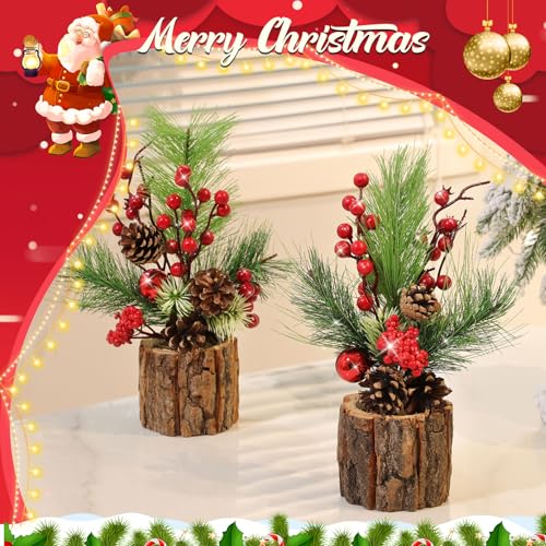 Solsew 3 Pcs 11 Inch Classic Christmas Tabletop Trees with Ornaments & Pine Cones