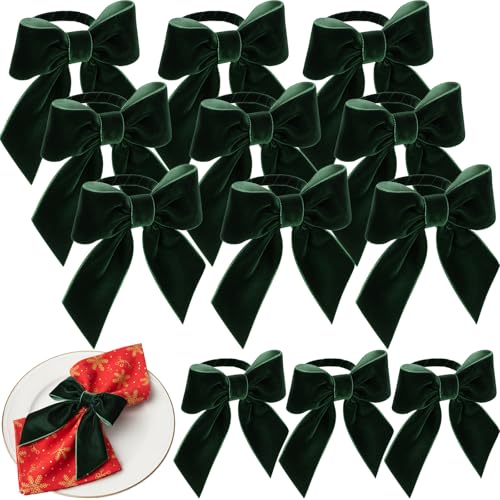 Gandeer Dark Green Velvet Bow Napkin Rings Set of 12 for Wedding Holiday Dinner