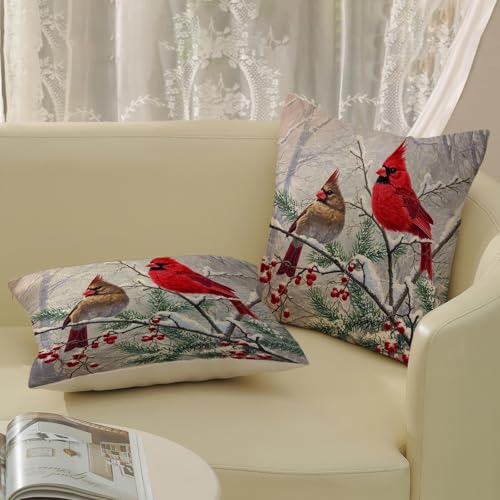 GOLIANDA Red Bird 18x18 Inch Christmas Pillow Covers Set of 2 Linen Holiday Decor