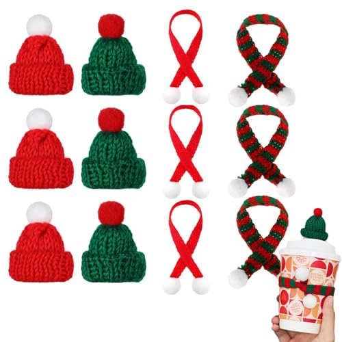 Mini Knit Santa Hat & Scarf Set for Christmas Decorations - Red & Green, 12 pcs