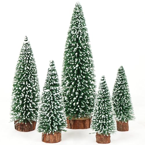 AerWo 5Pcs Mini Flocked Bottle Brush Christmas Trees with Wooden Bases