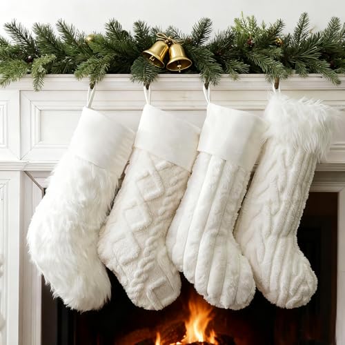 Teeanzo White 4-Pack Christmas Plush Stockings 18 Inch Faux Fur Holiday Decor