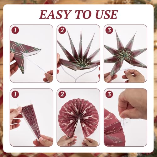 10 Pcs Christmas Hanging Decorations, Paper Fans and Star Lanterns,