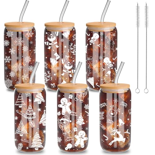Yetene White Christmas Pattern Holiday Glass Cups Set 16oz with Lid & Straw
