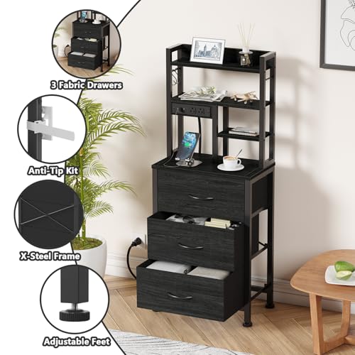 Tall Nightstand with Charging Station, 3 Drawers, Shelves & LED Lights