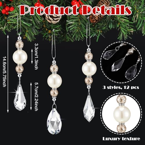 Champagne Gold Pearl & Crystal Drop Ornaments - 12 Pcs Christmas Tree Decorations