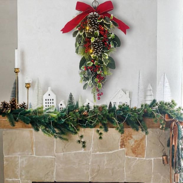 24-Inch Christmas Teardrop Swag with Red and White Ornaments and Berries