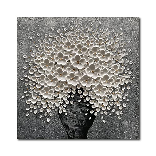 Hand-Painted White Flower Canvas Oil Painting 24x24 Inch Framed Wall Art