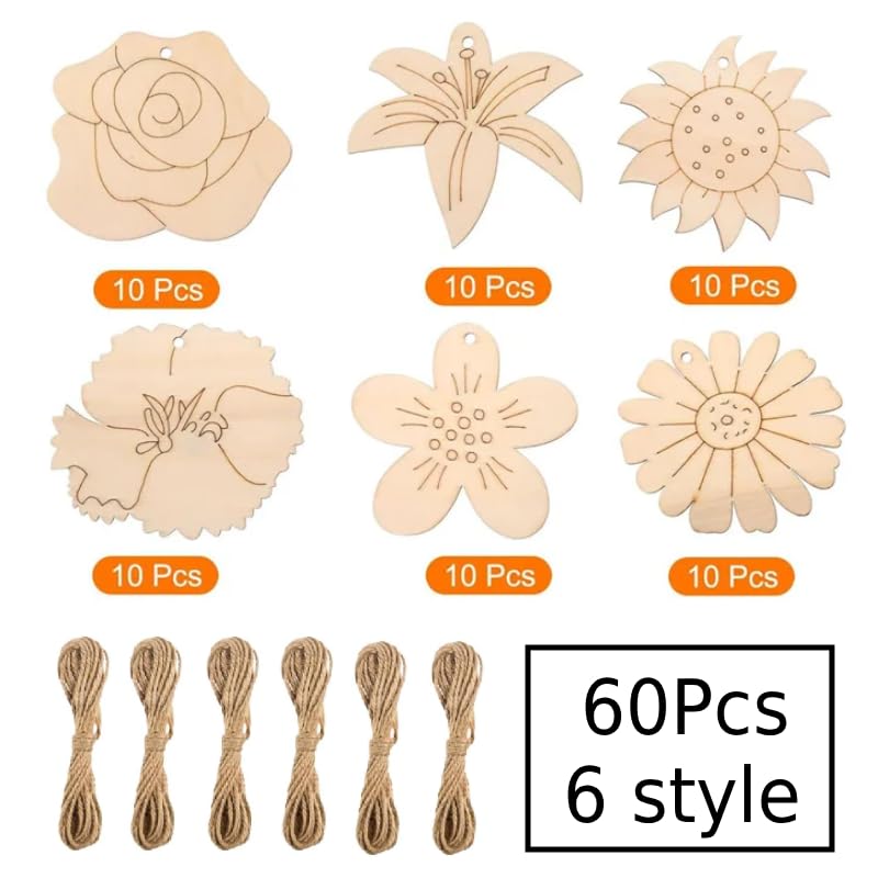 Flower Variation Wooden Ornaments Set - 60 Unfinished Natural Wood Discs with Jute Rope for Christmas & DIY Crafts
