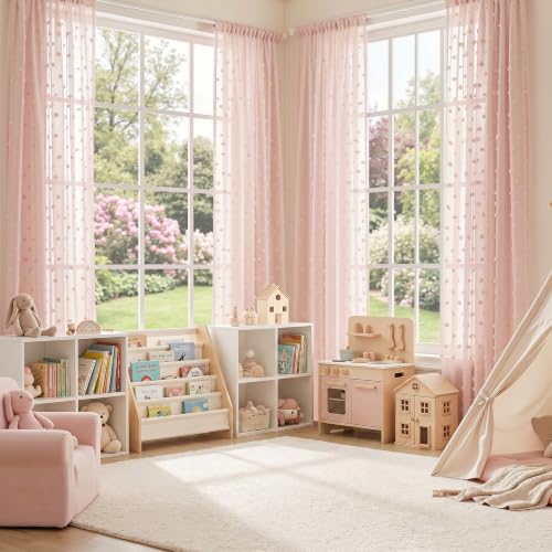 Pink Sheer Curtains with Pom Poms - 36x84 Inch Set of 2 Rod Pocket Drapes