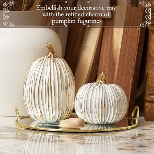 White and Gold Resin Pumpkin Figurines - Set of 2 Fall Table Centerpieces
