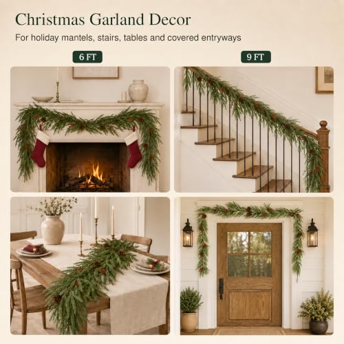 VellXelZor 6FT Norfolk Pine Christmas Garland for Mantle, Greenery Decor