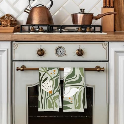 Sage Green Floral Kitchen Towels, Waffle Weave Dish Towels Set of 2