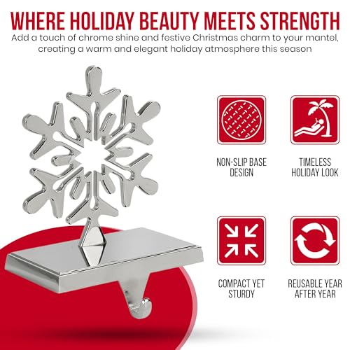Chrome Snowflake Christmas Stocking Holders - Weighted Metal 4-Pack