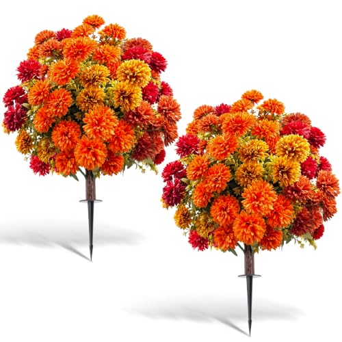 Artificial Chrysanthemum Topiary Bushes - UV Resistant Fall Decor, Set of 2