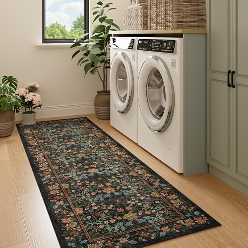 2x6 Washable Vintage Floral Runner Rug, Non-Slip Low Pile Boho Carpet