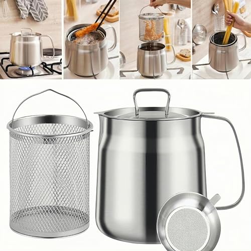 304 Stainless Steel Deep Fryer Pot with Strainer & Basket - 68oz / 2L