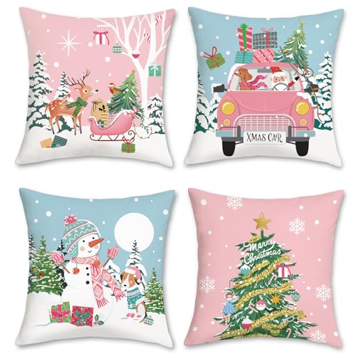 Bonhause Blue Pink Christmas Throw Pillow Covers 18 x 18 Inch Reindeer Snowman Xmas Trees Santa Snow Decorative Pillow Cases for Couch Bed Home Winter Holiday Decor Set of 4