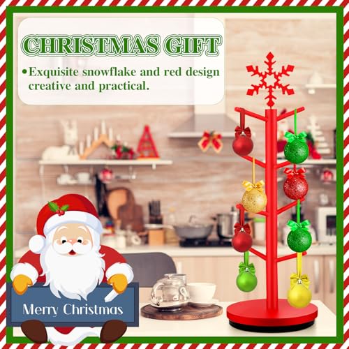 Red Snowflake Christmas Mug Tree Holder with 8 Hooks - Wooden Coffee Cup Organizer